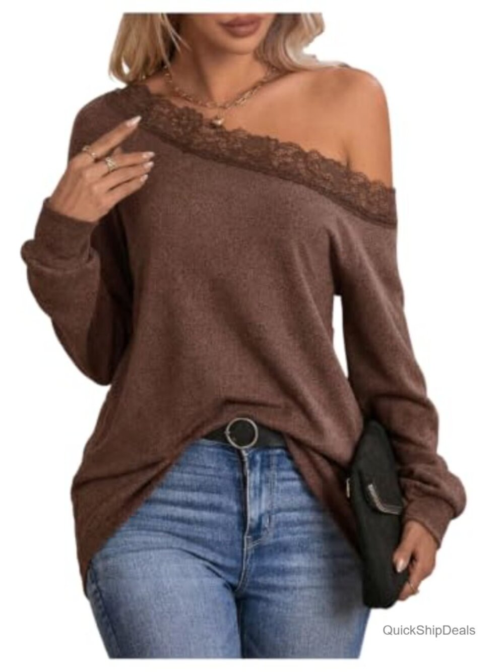 Lace Trim Off Shoulder Long Sleeve Knit Top Elegant Women's Blouse